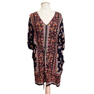 Angie Boho V Neck Peasant Floral Print Kimono Dress 2X Cover Up Navy Multicolor